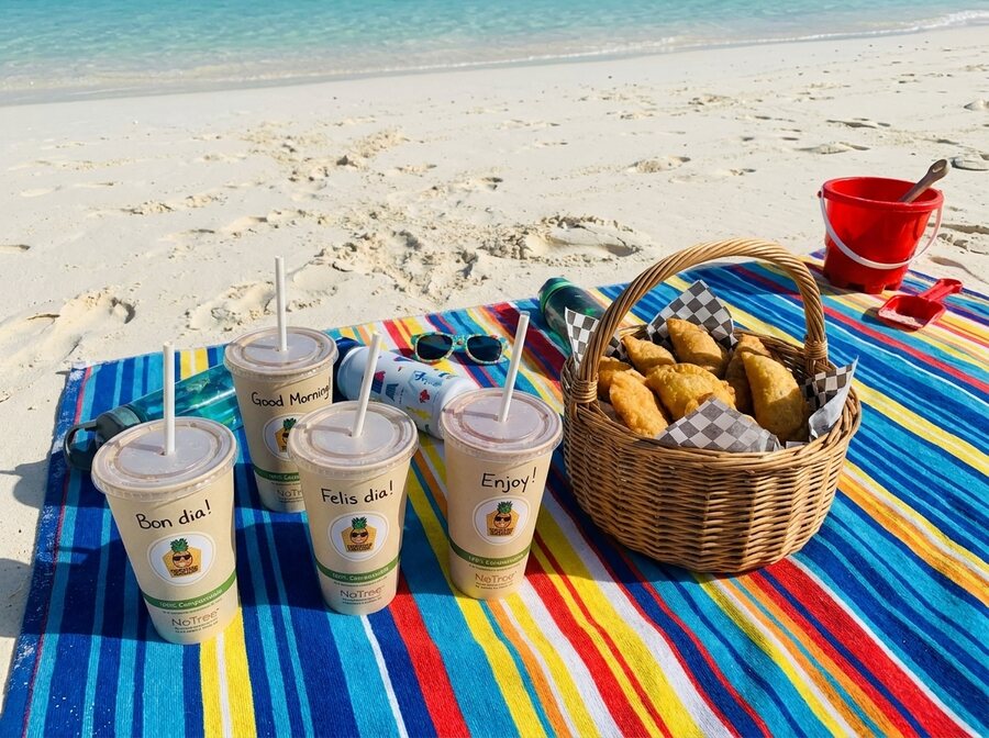 Family beach picnic in Aruba with smoothies and local snacks on a towel