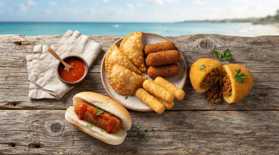 All five essential Aruban snacks: pastechi, kroket, deditos, batata jena and pan cu croket