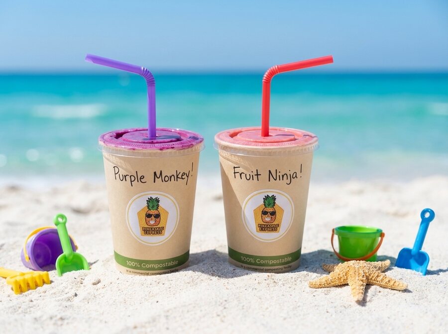 Purple Monkey and Fruit Ninja kids smoothies from Pineapple Express on the beach