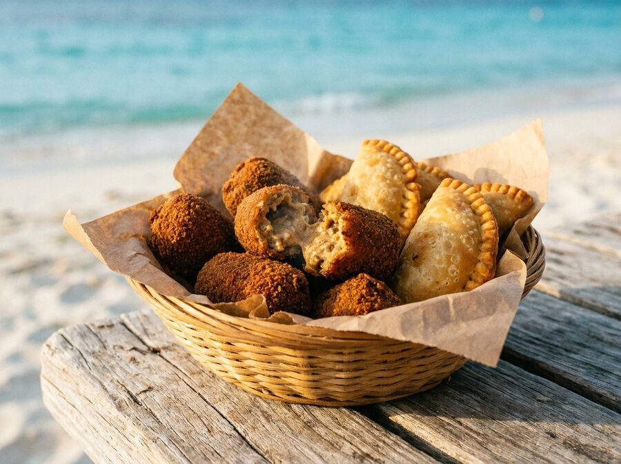 Basket of Aruban krokets and pastechi by the sea