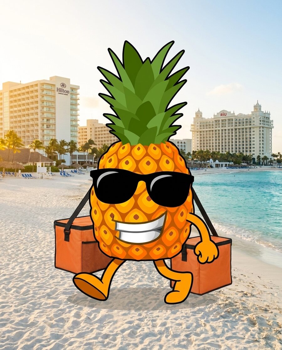 Mr Pineapple delivering breakfast on Palm Beach Aruba