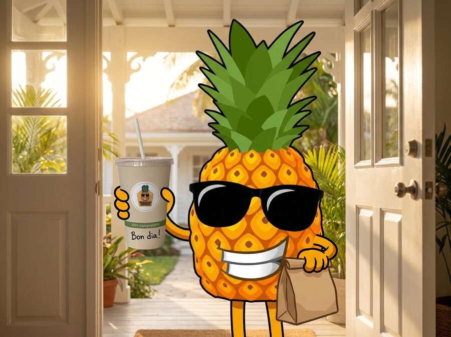 Mr Pineapple delivering a fresh smoothie and snacks to a villa door in Aruba