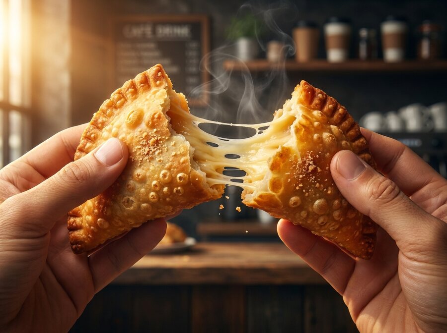 Cheese pastechi broken open with a melted cheese pull