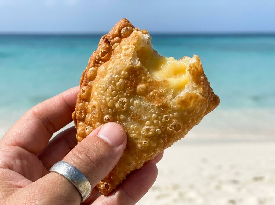 Holding a fresh pastechi with melted cheese at the beach in Aruba