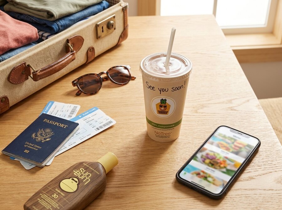 Vacation planning flat-lay with a Pineapple Express smoothie cup saying see you soon