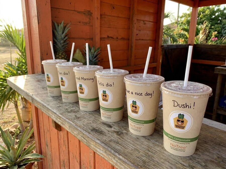 Row of Pineapple Express cups with handwritten Papiamento greetings