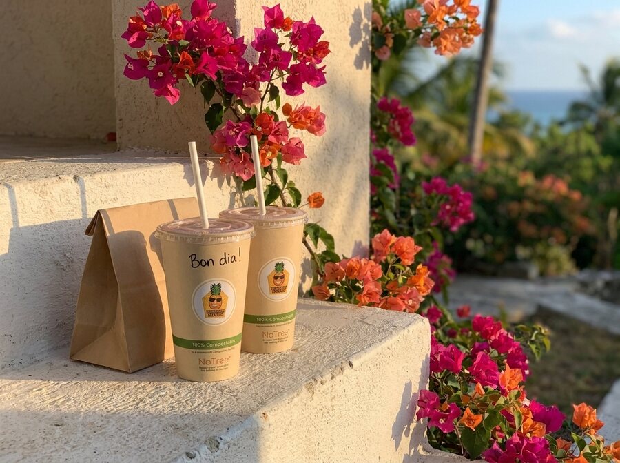 Smoothies and a breakfast bag delivered to a villa doorstep in Aruba at sunrise