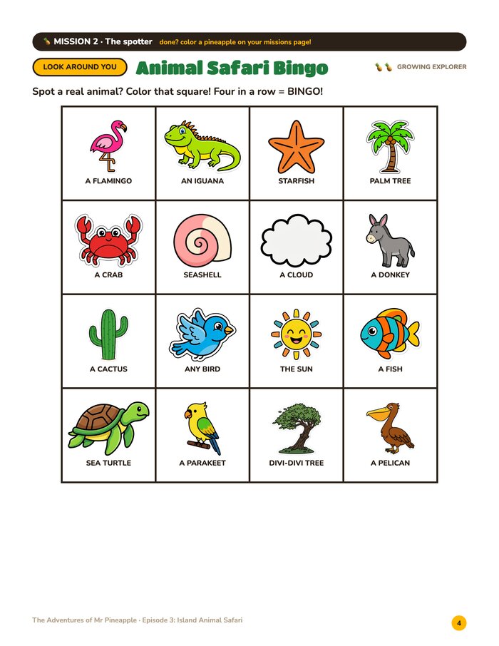 Bingo page from Island Animal Safari