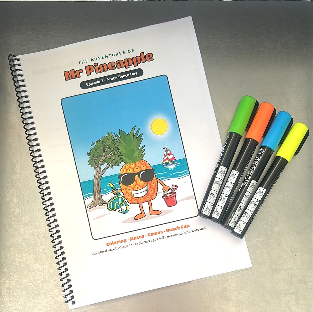 A printed Mr Pineapple activity book with coloring markers