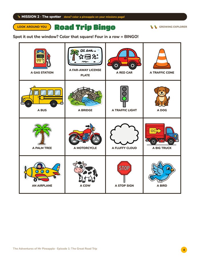 Bingo page from The Great Road Trip