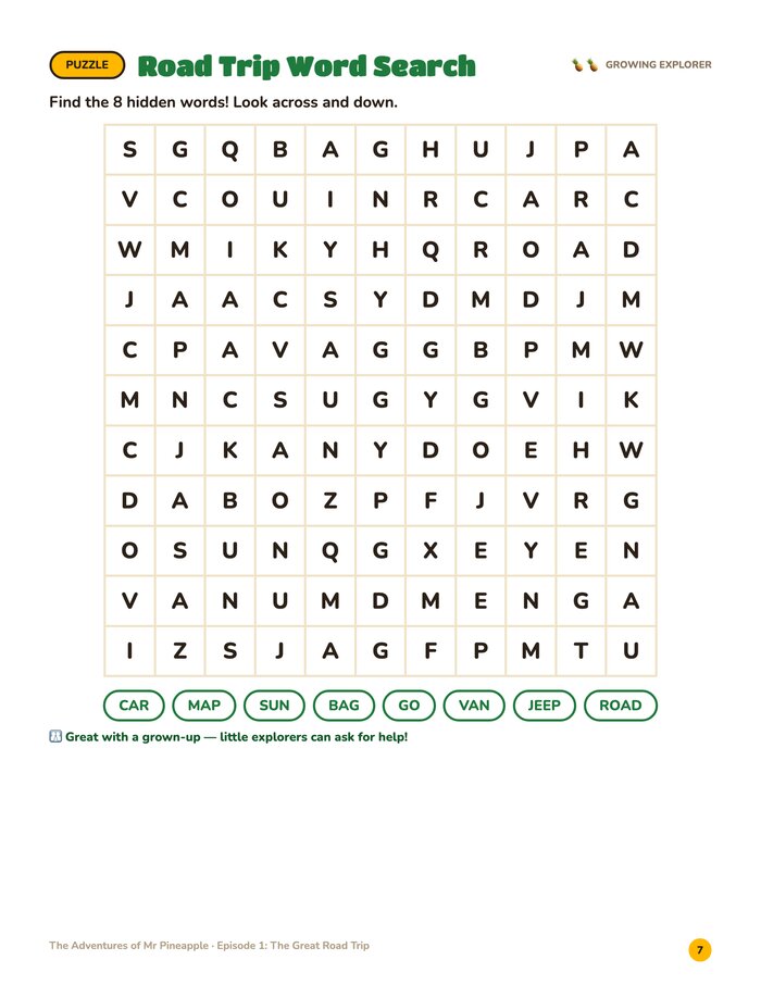 Word search page from The Great Road Trip