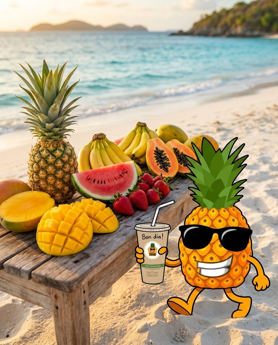 Mr Pineapple with a fresh smoothie beside a table of tropical fruit on the beach